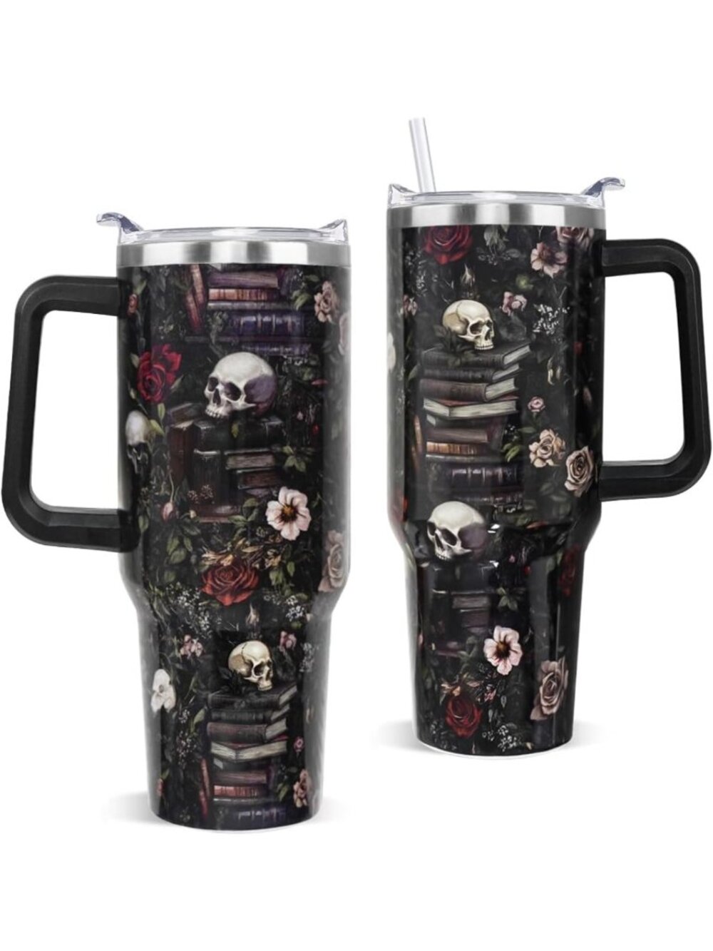 Goth Skull Rose Tumbler 40oz | Insulated Coffee Mug for Book Lovers & Readers